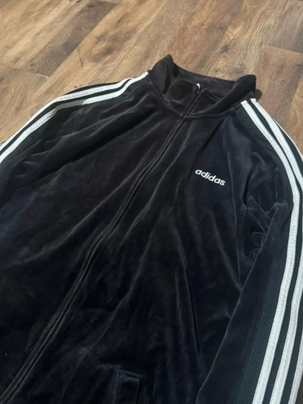 Adidas Men’s Black Velvet Track Jacket with White Stripes